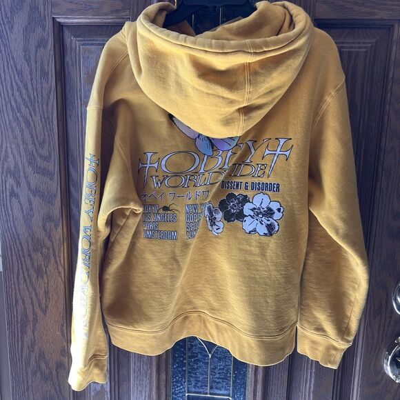 OBEY Logo Pullover Yellow Hooded Sweatshirt Hoodie Women's Size Large Butterfly - Picture 6 of 10